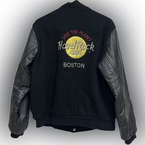 Hard Rock Cafe Black Varsity Jacket Wool blend with Leather Sleeves
